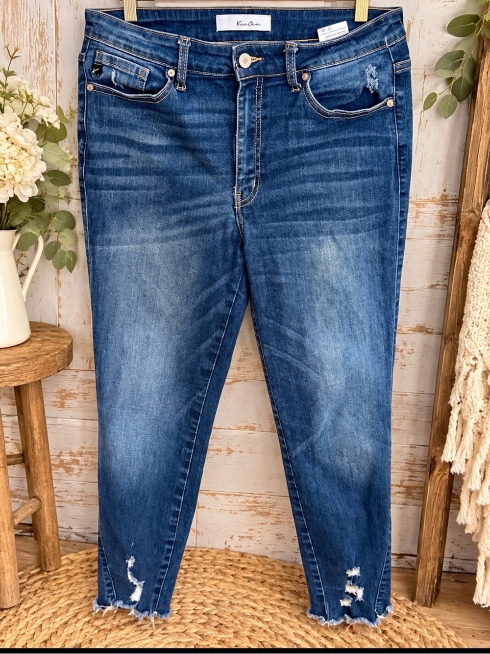 KanCan Distressed Ankle Skinny Jeans in Blue Wash